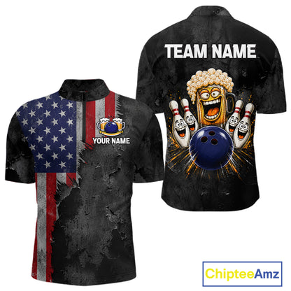 American Flag Grunge Patriotic Bowling Shirt For Men Custom Funny Beer Bowling Tournament Jersey NYN3748