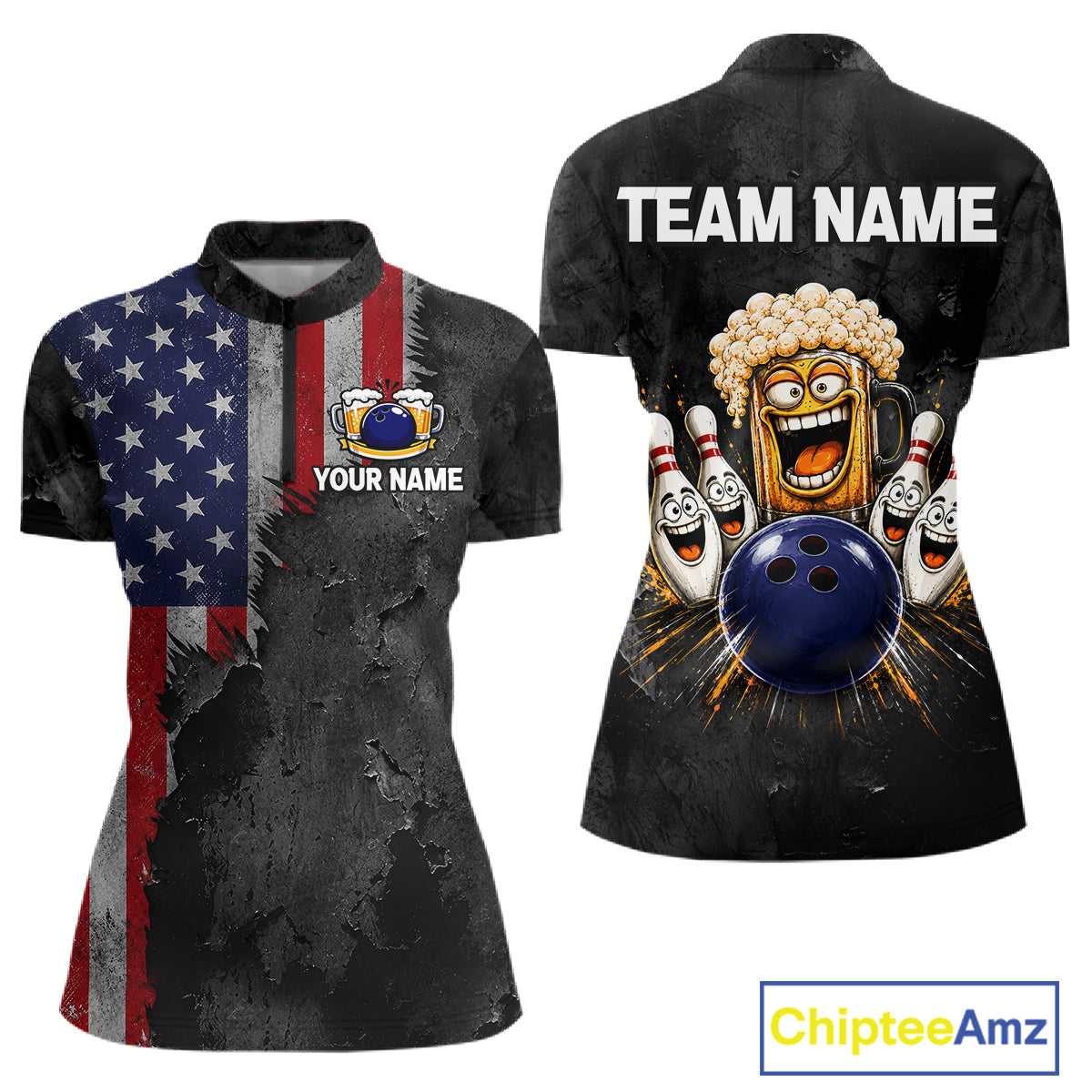 American Flag Grunge Patriotic Bowling Shirt For Women Custom Funny Beer Bowling Tournament Jersey NYN3748