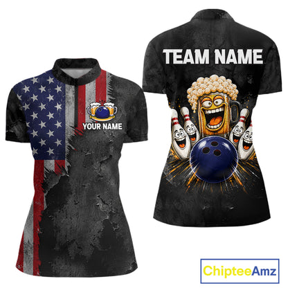 American Flag Grunge Patriotic Bowling Shirt For Women Custom Funny Beer Bowling Tournament Jersey NYN3748
