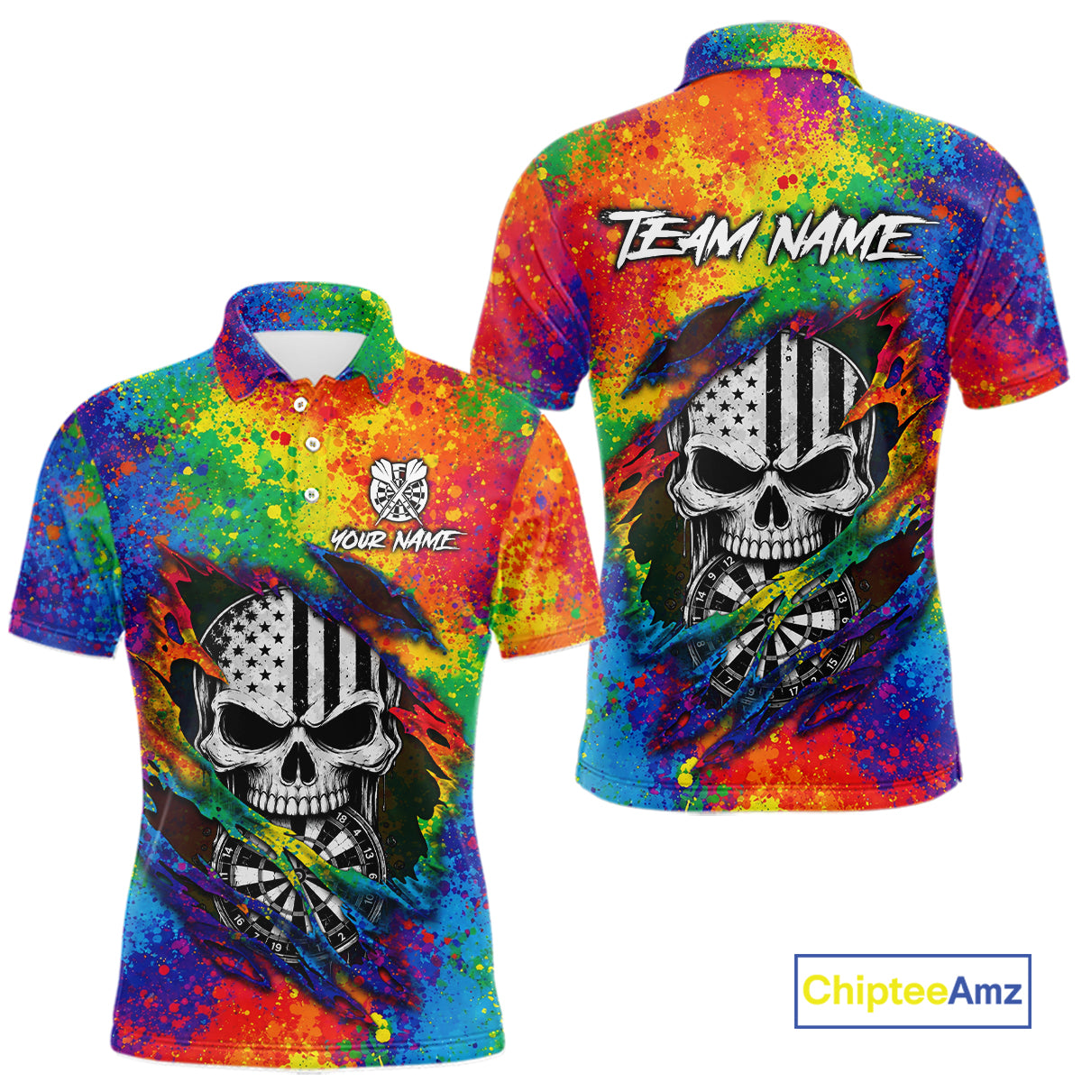Colorful Splatter Torn Dart Shirt Custom US Flag Skull Darts Team Outfits For Men, Darts Gifts NYN4072