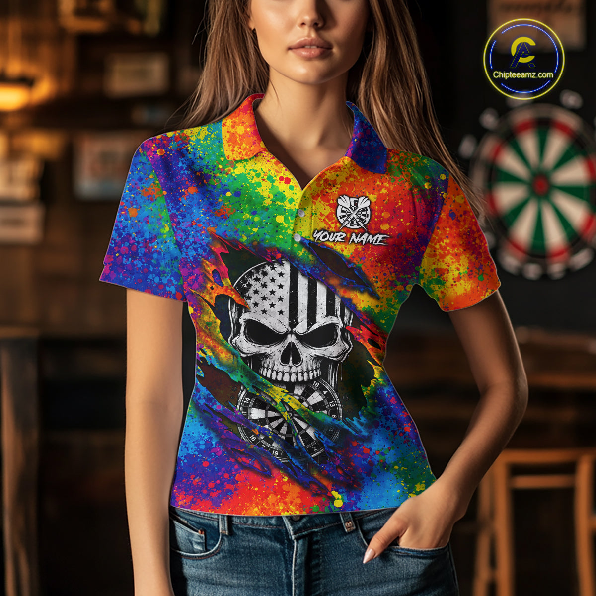 Colorful Splatter Torn Dart Shirt Custom US Flag Skull Darts Team Outfits For Women, Darts Gifts NYN4072