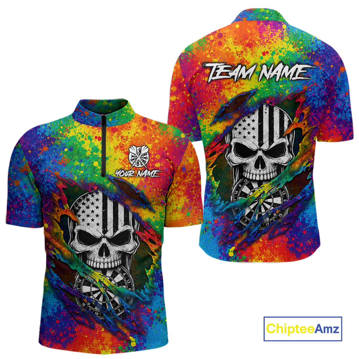 Colorful Splatter Torn Dart Shirt Custom US Flag Skull Darts Team Outfits For Men, Darts Gifts NYN4072