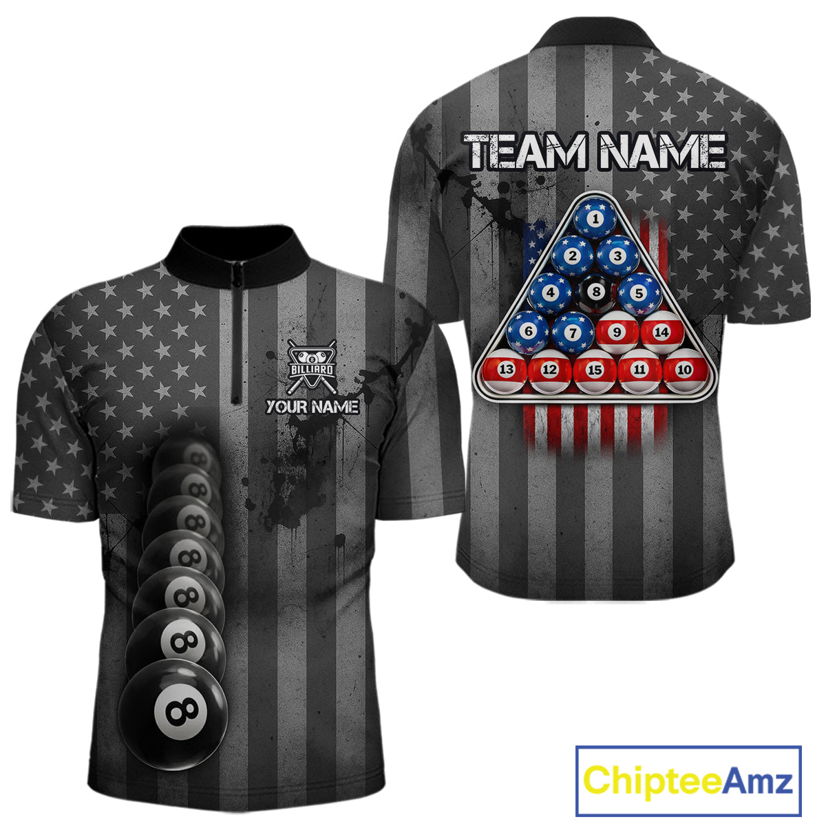 Grunge US Flag Blur 8 Ball Pool Billiard Team Shirt For Men Custom Patriotic Billiards Ball Attire NYN2470