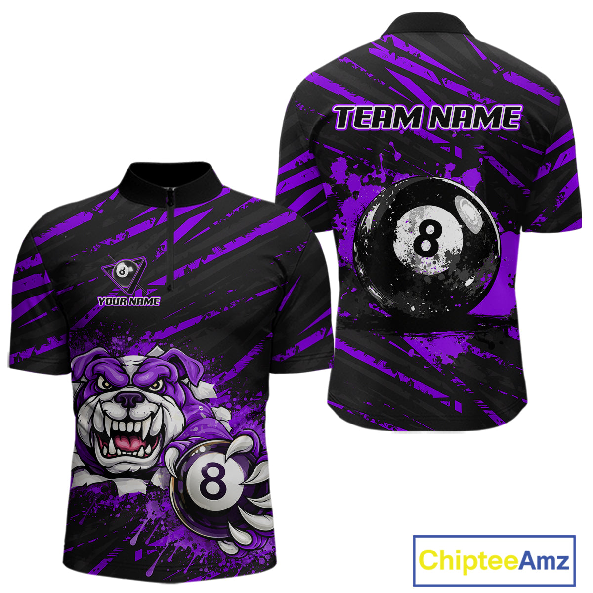 Purple Splatter Ball 8 Billiard Jerseys For Men Custom Funny Bulldog Billiard Team Jersey NYN2829