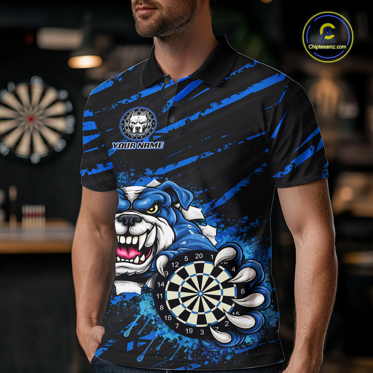 Blue Splatter Dart Polo & Quarter-Zip Shirt For Men Custom Funny Bulldog Darts Team Jersey NYN2830