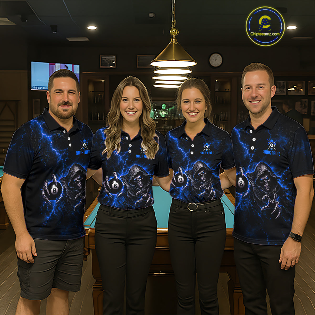 Custom Blue Grim Reaper Thunder 8 Ball Pool Billiard Shirt For Women, Billiard Team Jersey NYN3779
