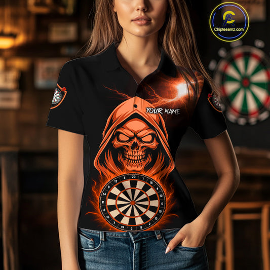 Custom Skeleton Orange Flames Dartboard Dart Women Polo Jerseys Outfits Dart Team Shirt NYN1666