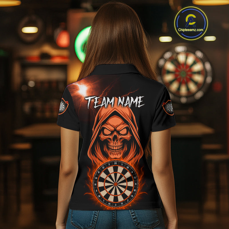 Custom Skeleton Orange Flames Dartboard Dart Women Polo Jerseys Outfits Dart Team Shirt NYN1666