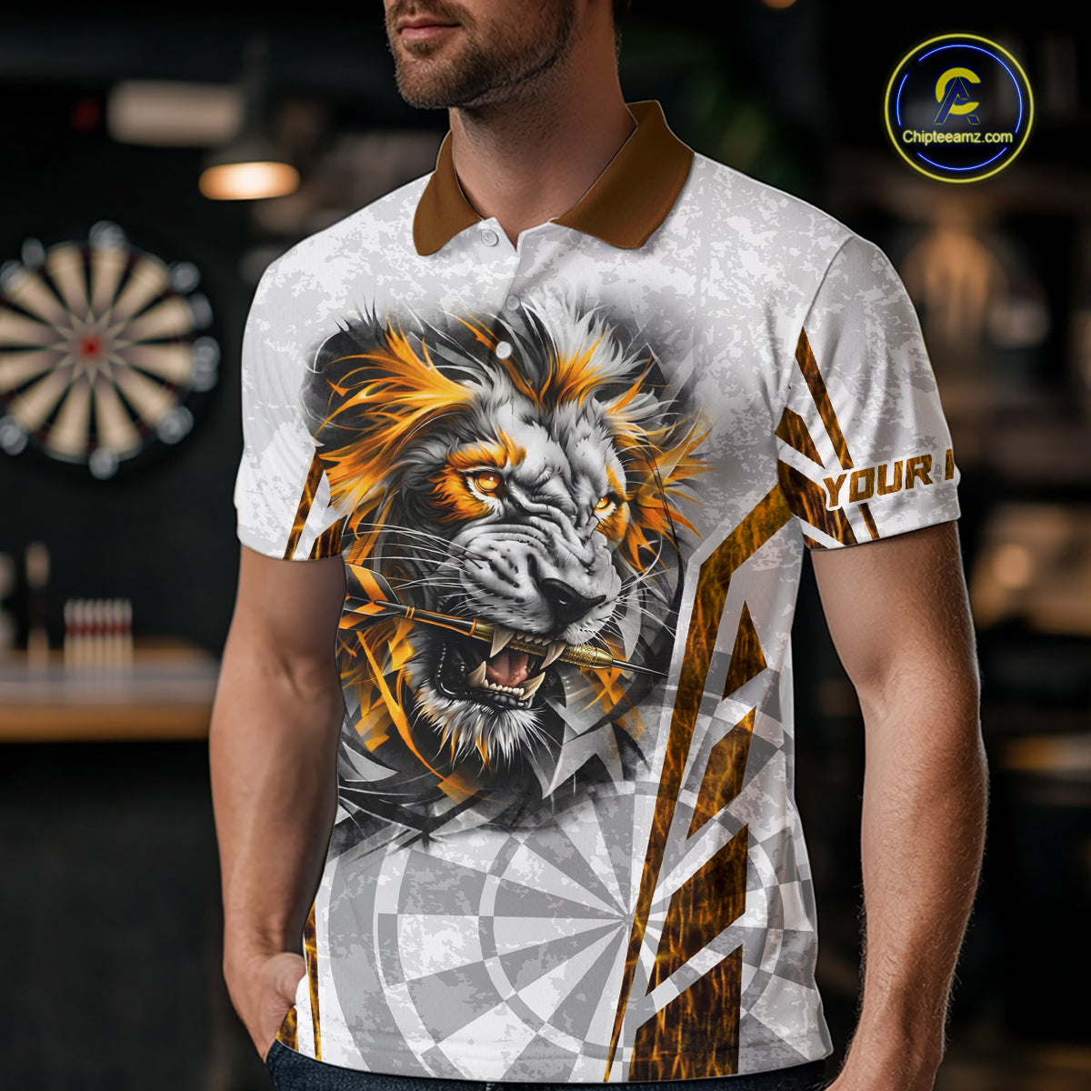 Yellow And White Grunge Tiger Dartboard Custom Men Darts Polo League Shirts Dart Jerseys NYN2839