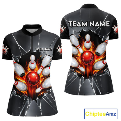 Grey Broken Glass Bowling Shirt For Women Custom Fire Flame Outfit Bowling Jersey | Red NYN3230