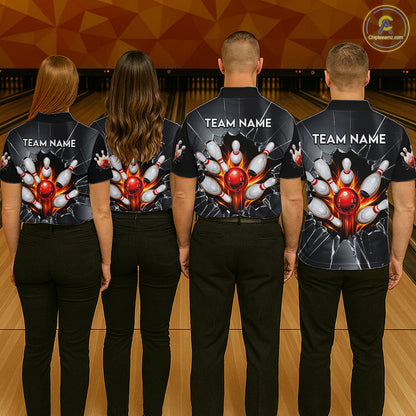 Grey Broken Glass Bowling Shirt For Women Custom Fire Flame Outfit Bowling Jersey | Red NYN3230