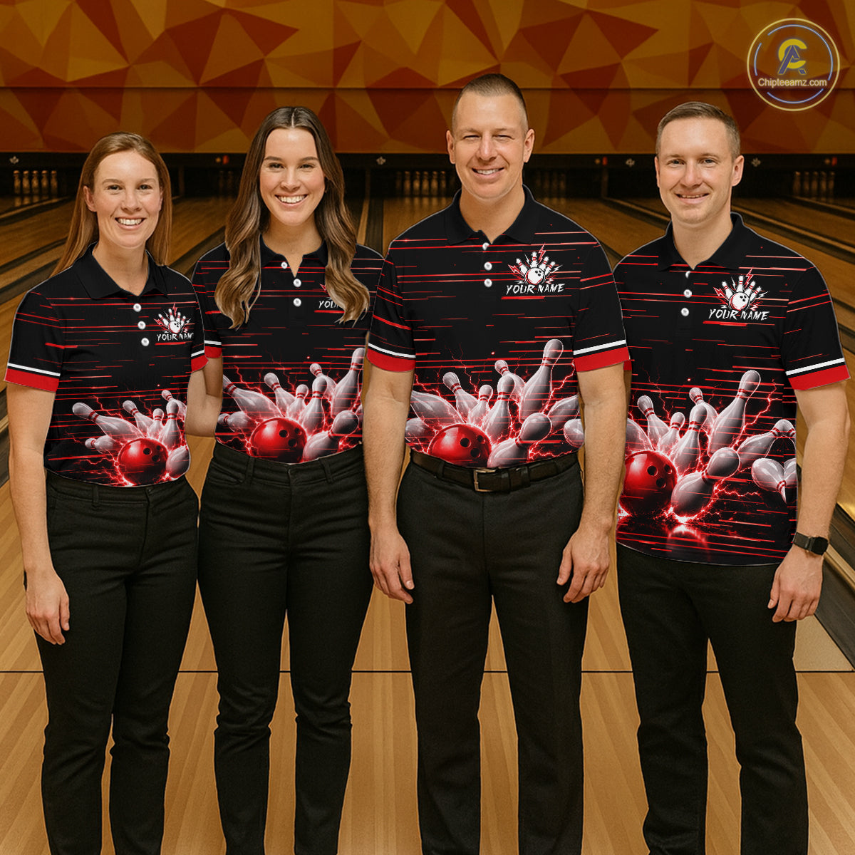 Red Horizontal Stripes Women Bowling Shirt Personalized Thunder Lightning Team Bowling Jersey NYN3233