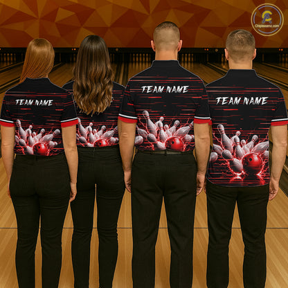 Red Horizontal Stripes Women Bowling Shirt Personalized Thunder Lightning Team Bowling Jersey NYN3233