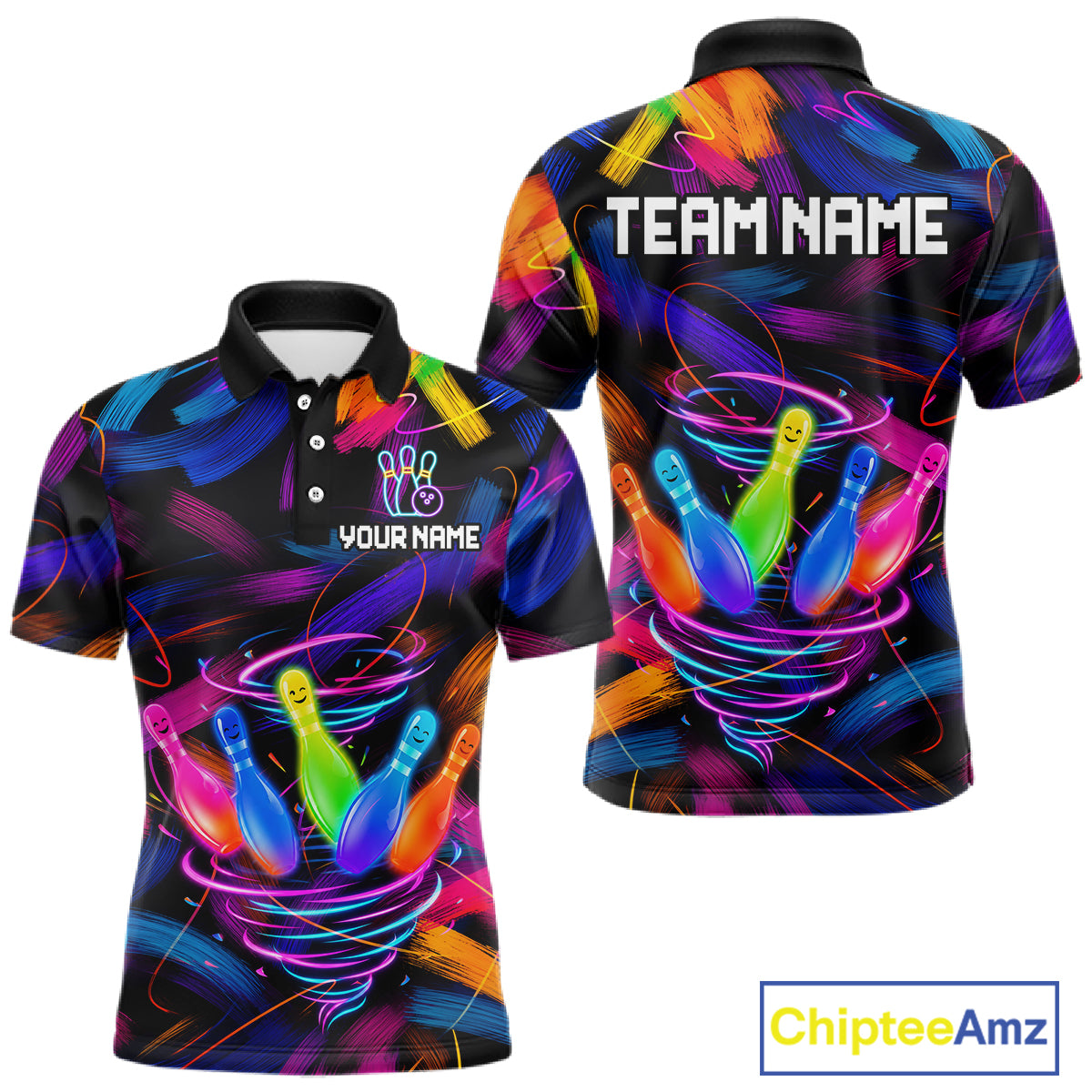 Funny Neon Tornado Bowling Pins men's bowling polo shirt colorful paint bowling team jersey, custom bowling apparel