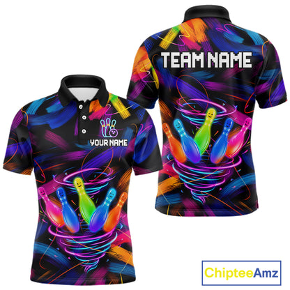 Funny Neon Tornado Bowling Pins men's bowling polo shirt colorful paint bowling team jersey, custom bowling apparel