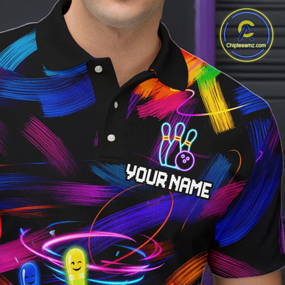 Male bowler wearing Neon Tornado Bowling Pins bowling jersey during tournament and league play