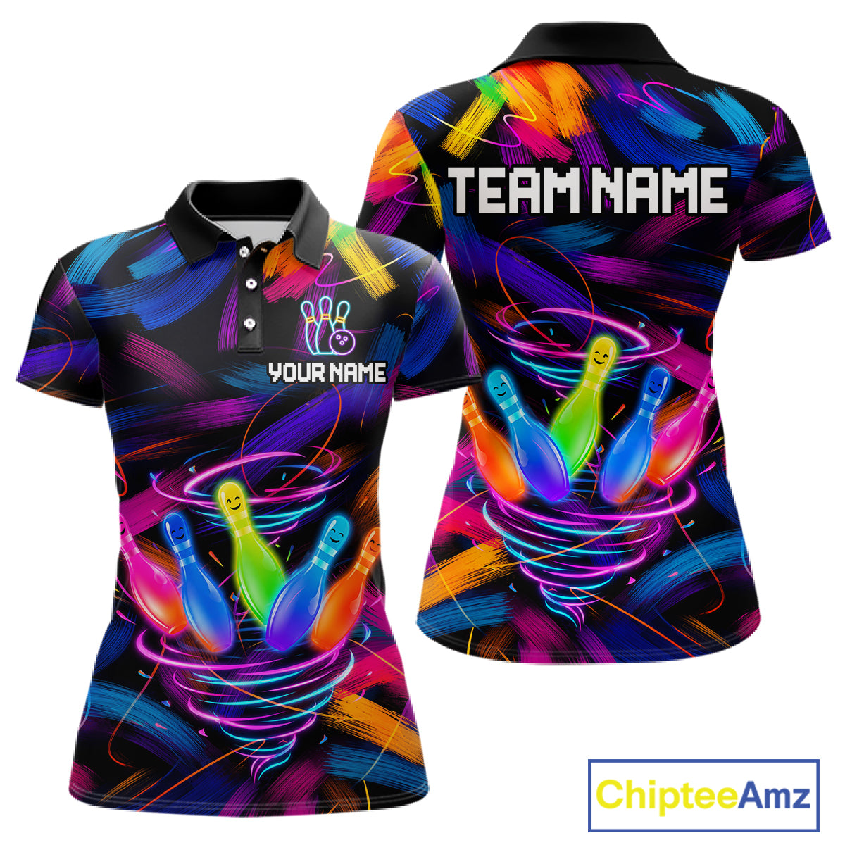 Funny Neon Tornado Bowling Pins women's bowling polo shirt colorful paint bowling team jersey, custom bowling apparel