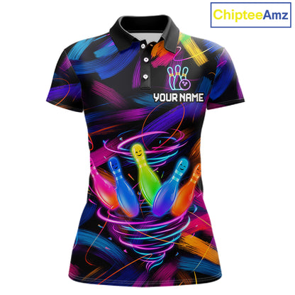 Funny Neon Tornado Bowling Pins women's bowling polo shirt colorful paint bowling team jersey, custom bowling apparel