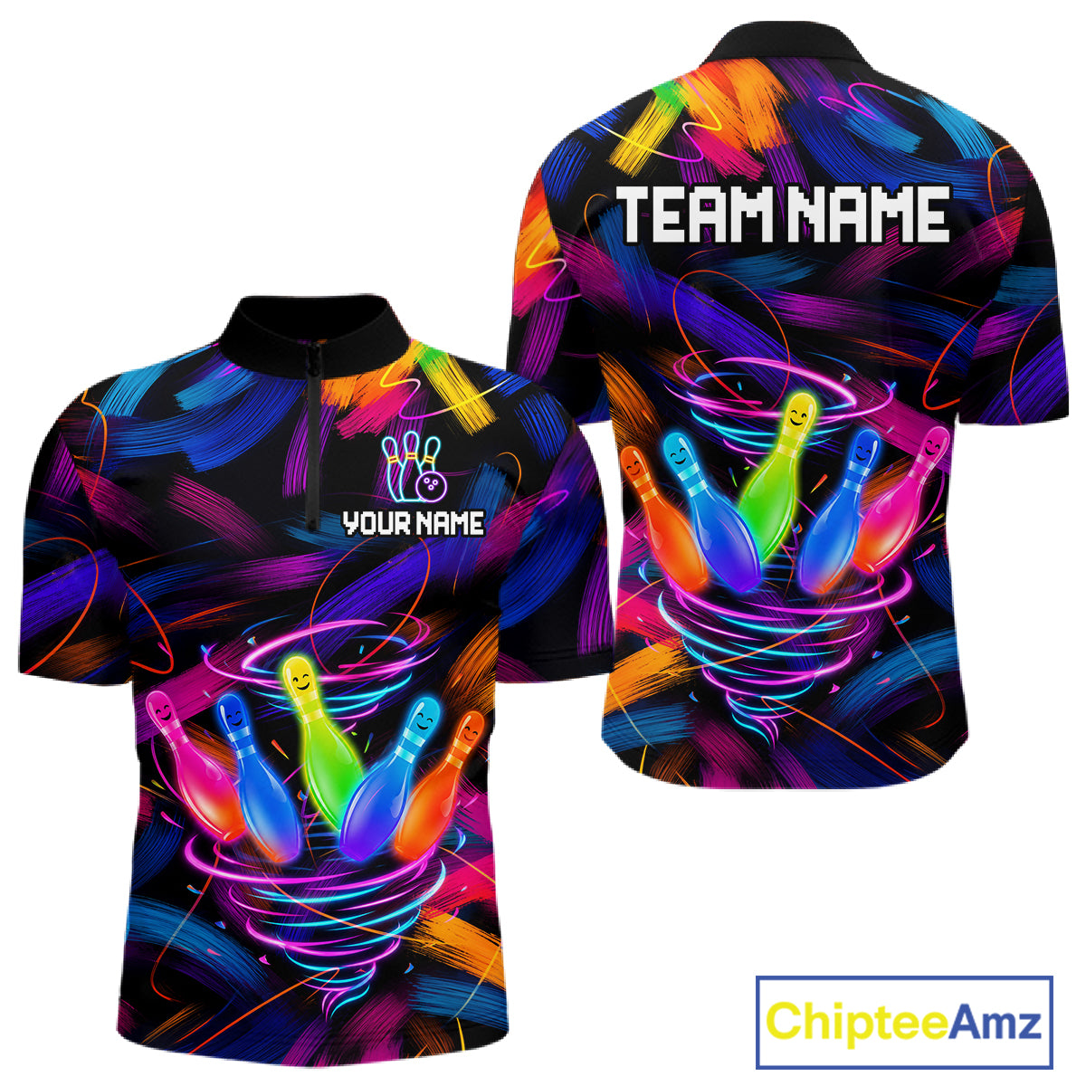 Funny Neon Tornado Bowling Pins men's quarter zip bowling shirt personalized bowling league uniform