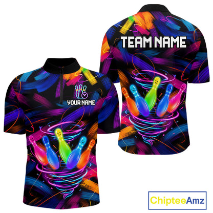 Funny Neon Tornado Bowling Pins men's quarter zip bowling shirt personalized bowling league uniform