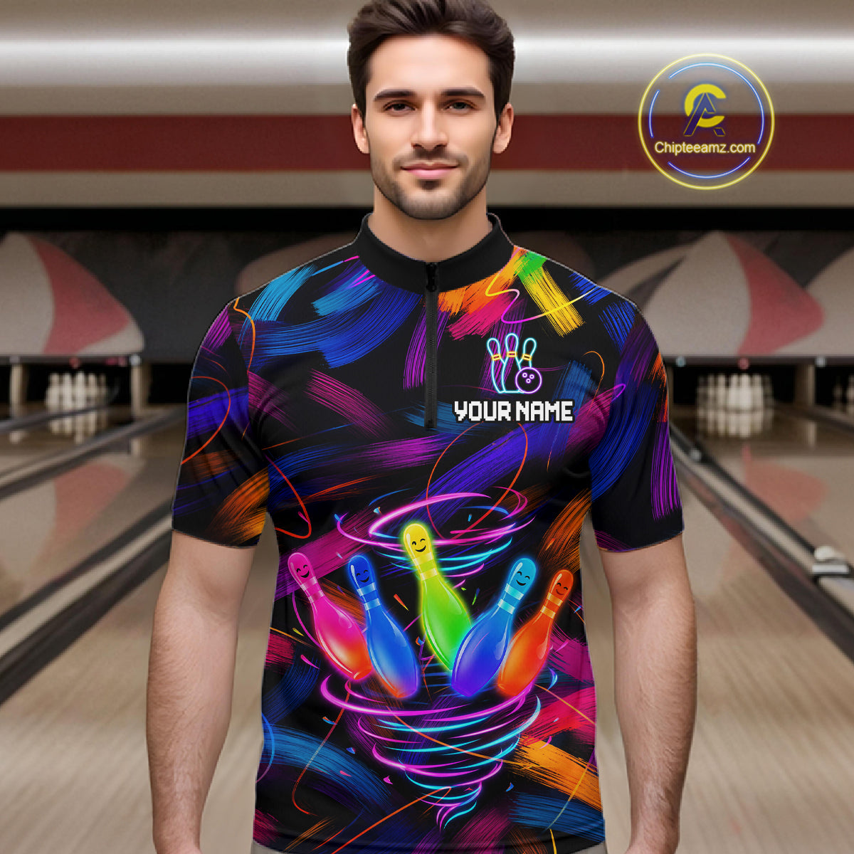 Male bowler wearing Neon Tornado Bowling Pins bowling jersey during tournament and league play