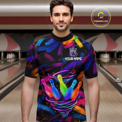 Male bowler wearing Neon Tornado Bowling Pins bowling jersey during tournament and league play