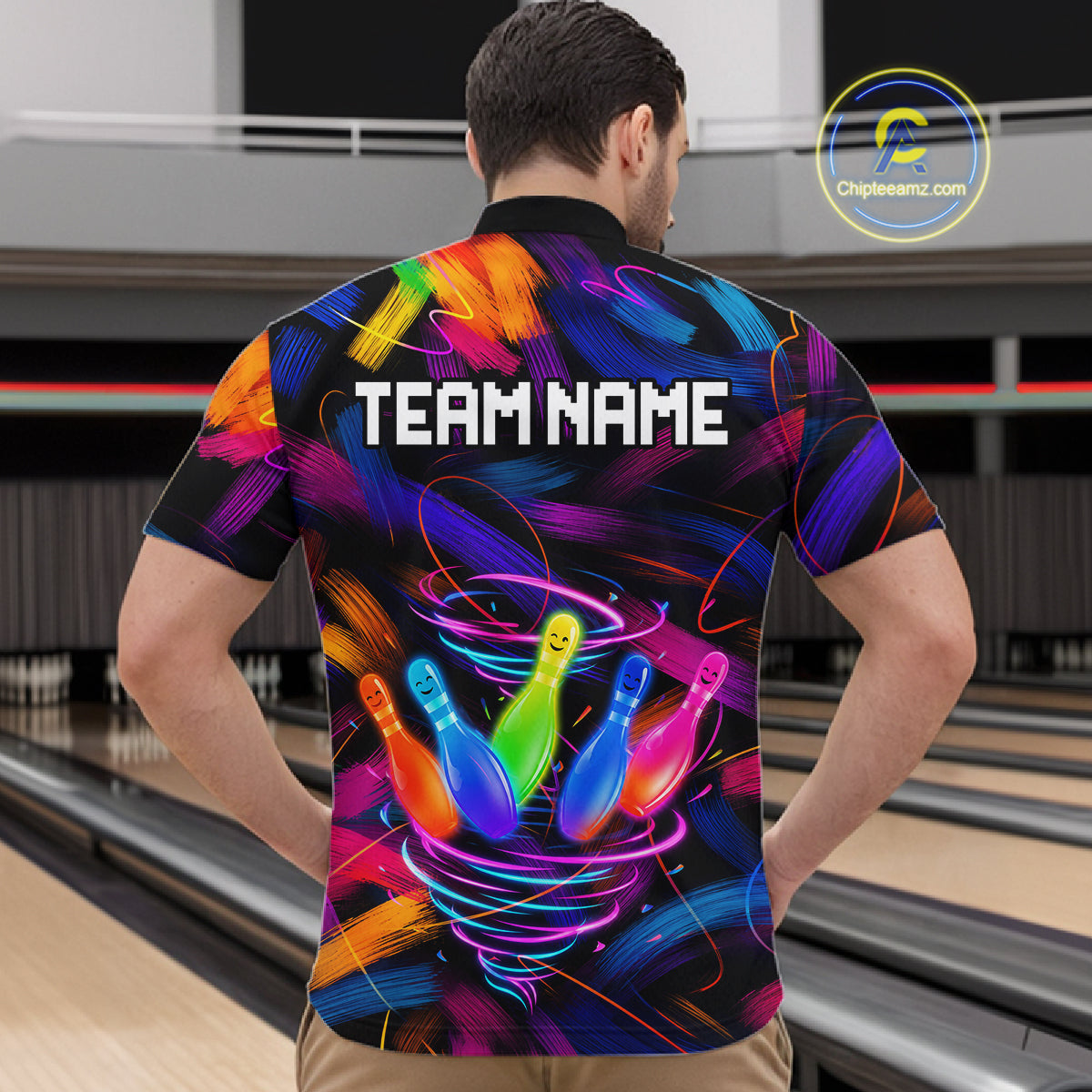 Male bowler wearing Neon Tornado Bowling Pins bowling jersey during tournament and league play