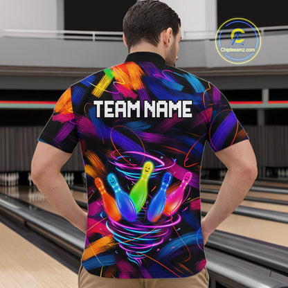 Male bowler wearing Neon Tornado Bowling Pins bowling jersey during tournament and league play