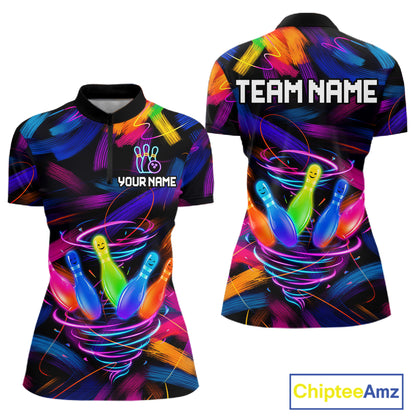 Funny Neon Tornado Bowling Pins women's quarter zip bowling shirt personalized bowling league uniform