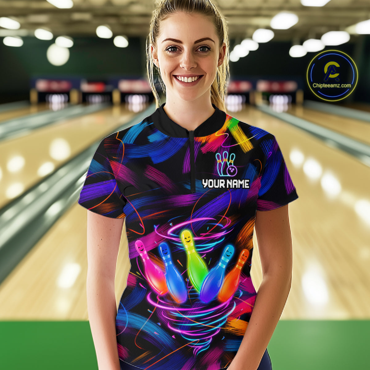 Female bowler wearing Neon Tornado Bowling Pins bowling jersey during tournament and league play
