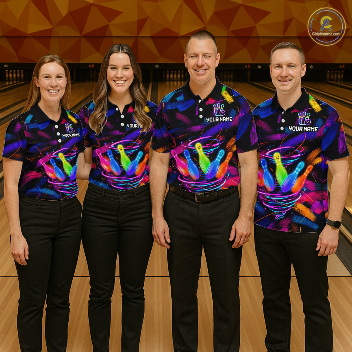 Men women bowling team wearing Neon Tornado Bowling Pins custom bowling uniforms and colorful bowling jerseys
