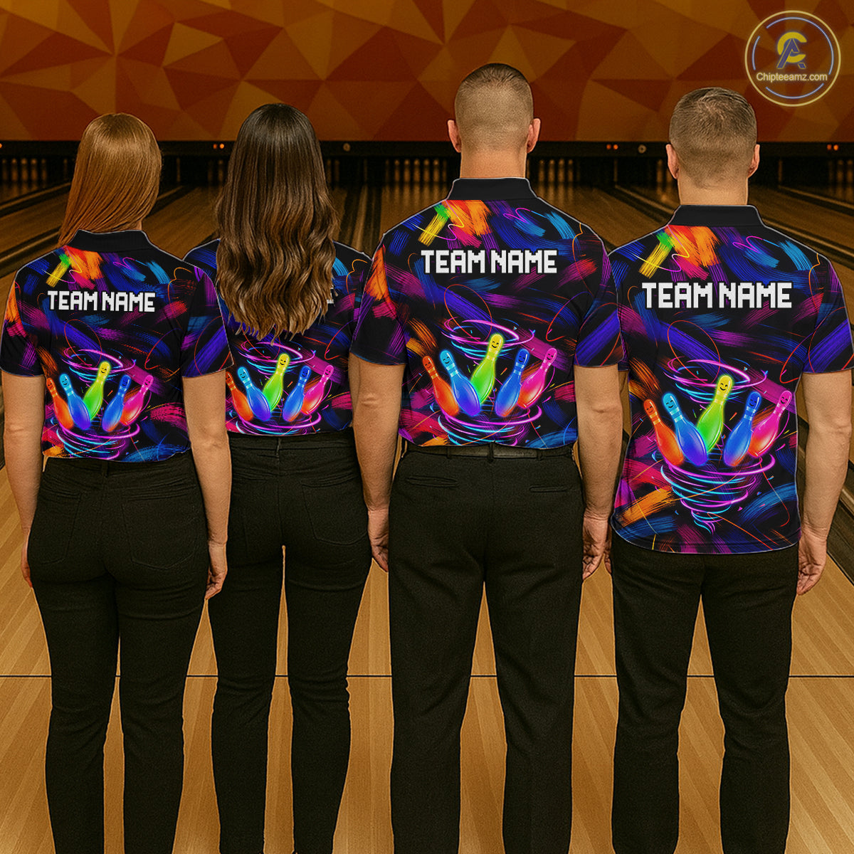 Men women bowling team wearing Neon Tornado Bowling Pins custom bowling uniforms and colorful bowling jerseys