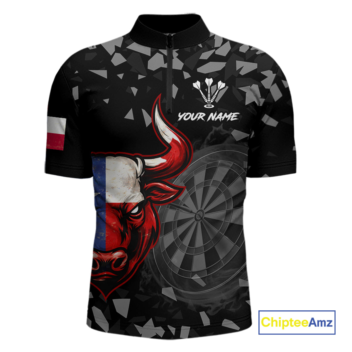 Texas Flag Bull & Dartboard Custom Grunge Men Darts 1/4-Zip Shirt Patriotic Darts Team Jersey NYN2716