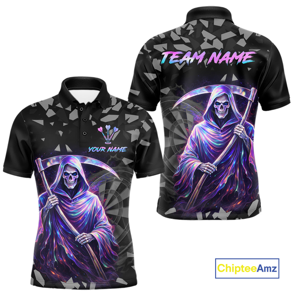 Holographic Grim Reaper Smoke Dartboard Custom Men Darts Polo Shirt Dart Team Jersey NYN2720