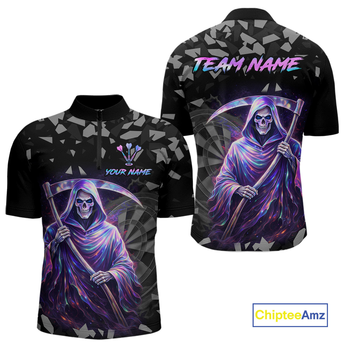 Holographic Grim Reaper Smoke Dartboard Custom Men Darts 1/4-Zip Shirt Dart Team Jersey NYN2720
