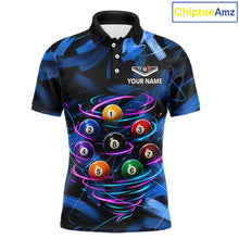 Load image into Gallery viewer, Neon Blue Light billiard ball men's billiard polo shirt custom brush paint pool jersey, personalized billiards apparel