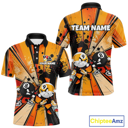 Funny 8 Ball & 9 Ball Billiard Polo featuring personalized player name, custom pool graphics, breathable tournament jersey, league-ready cue sports apparel, humorous sportswear.