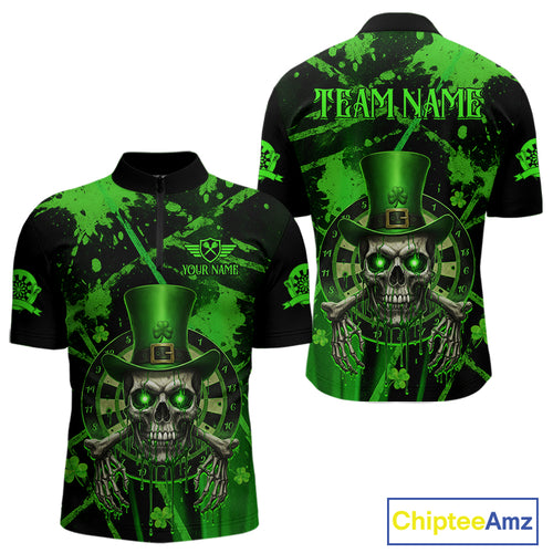 Custom Green Grunge St Patricks Day Men Darts Quarter-Zip Shirt Skull Leprechaun Darts Jersey NYN1971