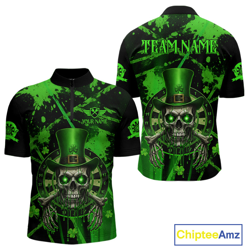 Custom Green Grunge St Patricks Day Men Darts Quarter-Zip Shirt Skull Leprechaun Darts Jersey NYN1971