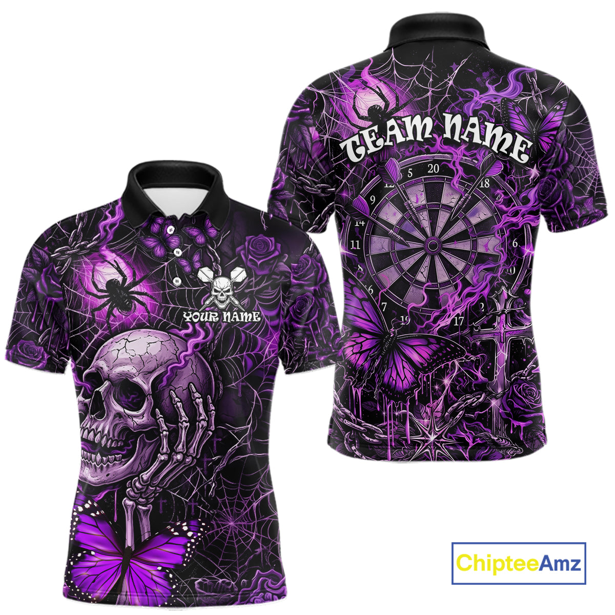 Custom Purple Skull Butterfly Mens Dart Shirts Spider Smoke Dartboard Darts Polo & 1/4-Zip Jerseys NYN3076