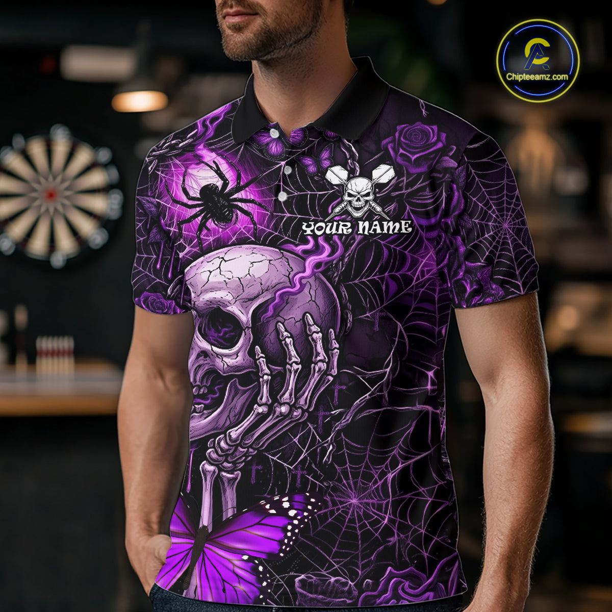 Custom Purple Skull Butterfly Mens Dart Shirts Spider Smoke Dartboard Darts Polo & 1/4-Zip Jerseys NYN3076
