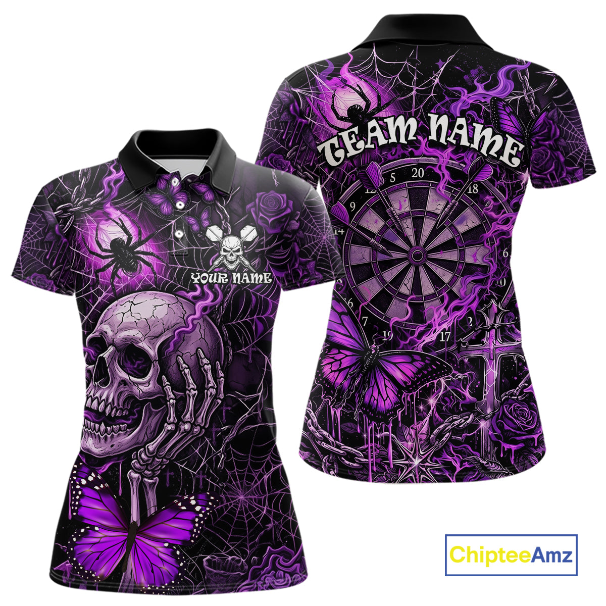 Custom Purple Skull Butterfly Women Dart Shirts Spider Smoke Dartboard Darts Polo & 1/4-Zip Jerseys NYN3076