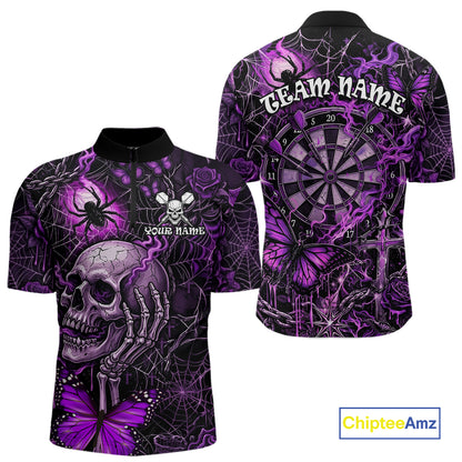 Custom Purple Skull Butterfly Mens Dart Shirts Spider Smoke Dartboard Darts Polo & 1/4-Zip Jerseys NYN3076