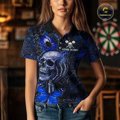 Custom Blue Skull Butterfly Women Dart Shirts Spider Smoke Dartboard Darts Polo & 1/4-Zip Jerseys NYN3077