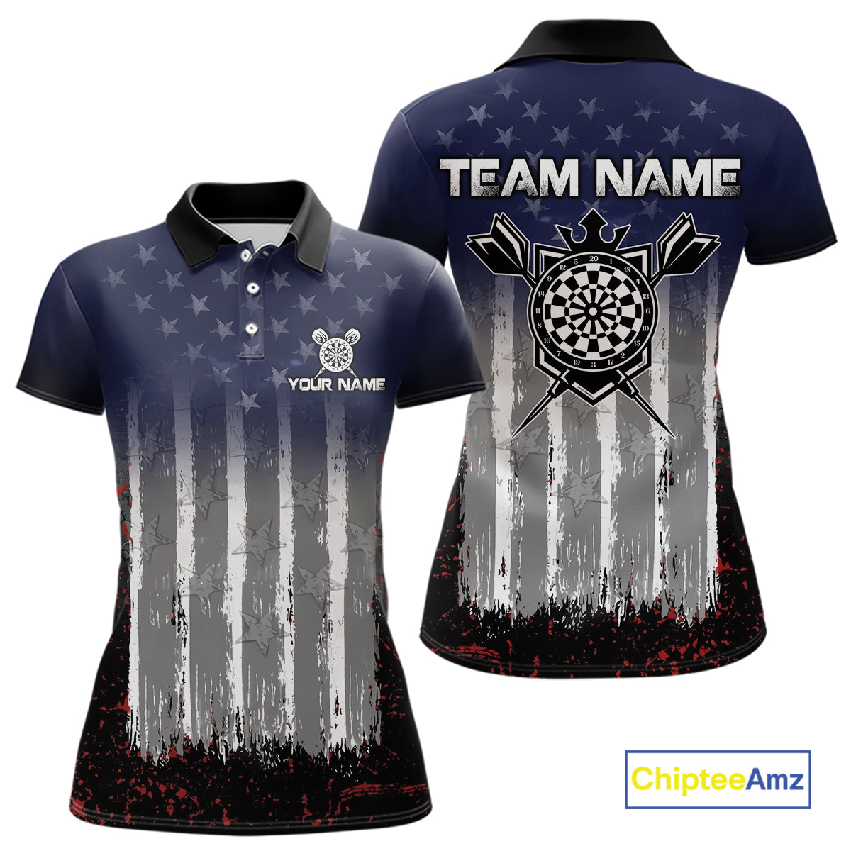 Gray, Blue And Red Grunge US Flag Darts Polo & 1/4-Zip Shirt Custom Patriotic Dart Jersey For Women NYN3081