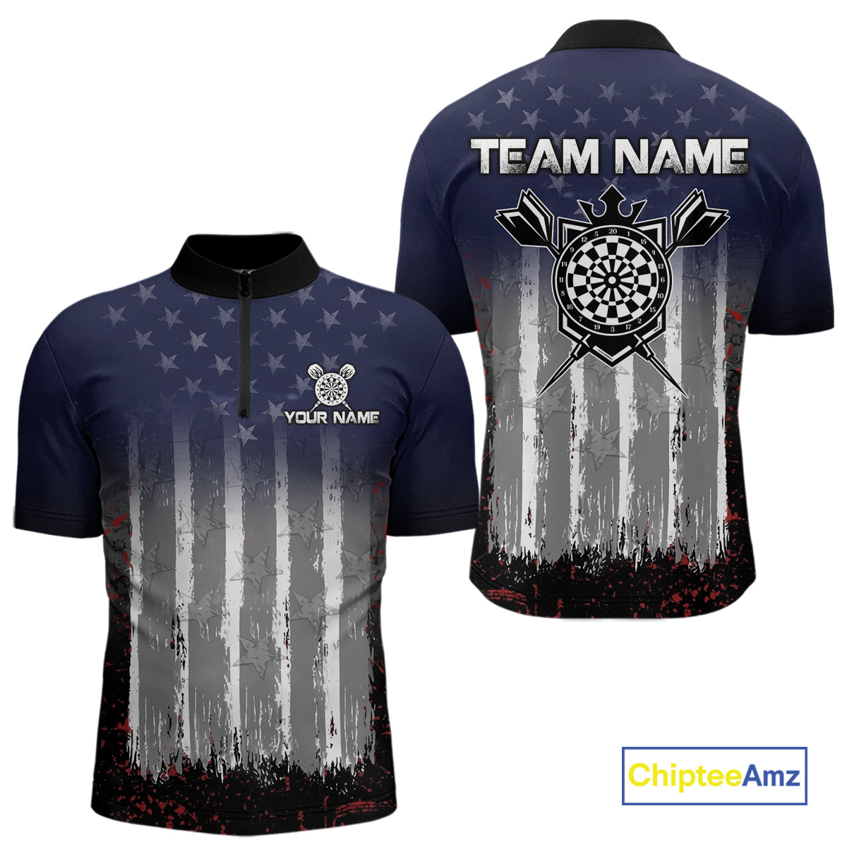 Gray, Blue And Red Grunge US Flag Darts Polo & 1/4-Zip Shirt Custom Patriotic Dart Jersey For Men NYN3081