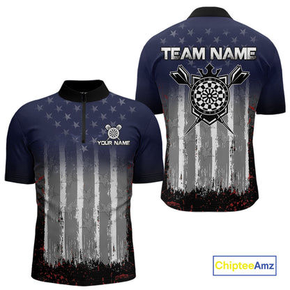 Gray, Blue And Red Grunge US Flag Darts Polo & 1/4-Zip Shirt Custom Patriotic Dart Jersey For Men NYN3081