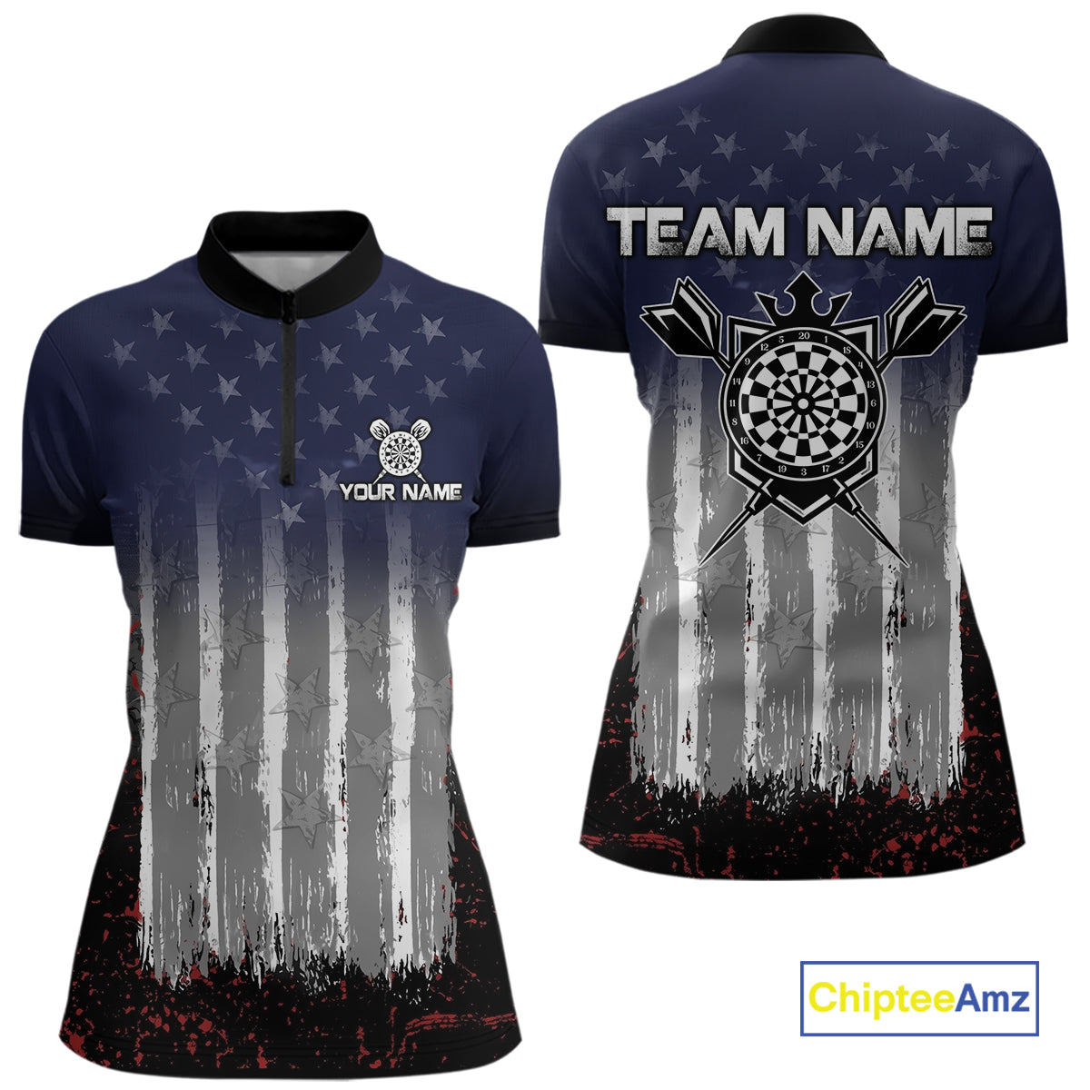 Gray, Blue And Red Grunge US Flag Darts Polo & 1/4-Zip Shirt Custom Patriotic Dart Jersey For Women NYN3081