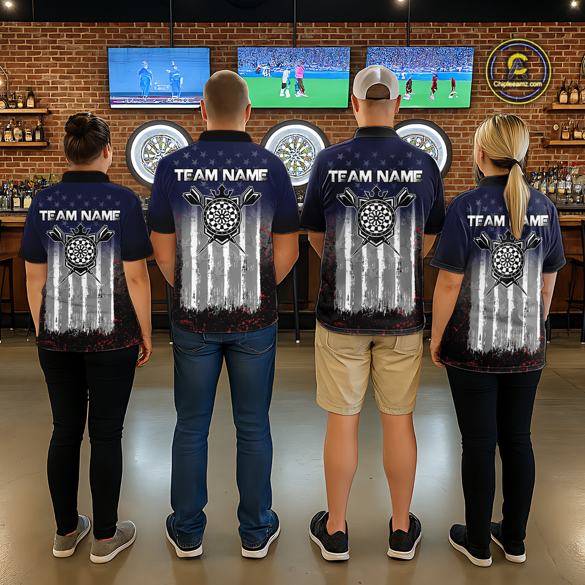 Gray, Blue And Red Grunge US Flag Darts Polo & 1/4-Zip Shirt Custom Patriotic Dart Jersey For Women NYN3081
