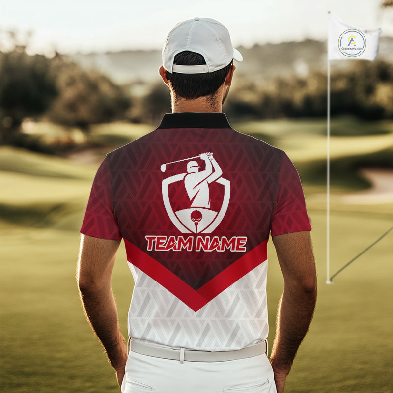 White And Red Geometric Golf Polo Golf Shirts For Men Personalized Golf Team Attire NYN3249
